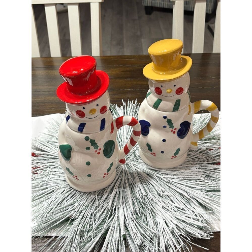 Temp-Tations by Tara Holiday Ceramic Snowman Mugs Red and Yellow